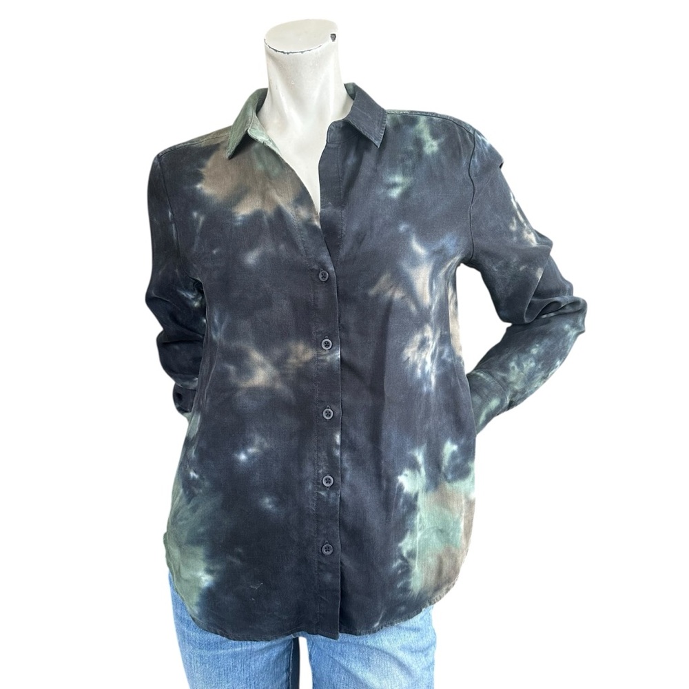 Anthropologie Cloth & Stone Green Black Tie Dye Oversized Button Down Shirt XS